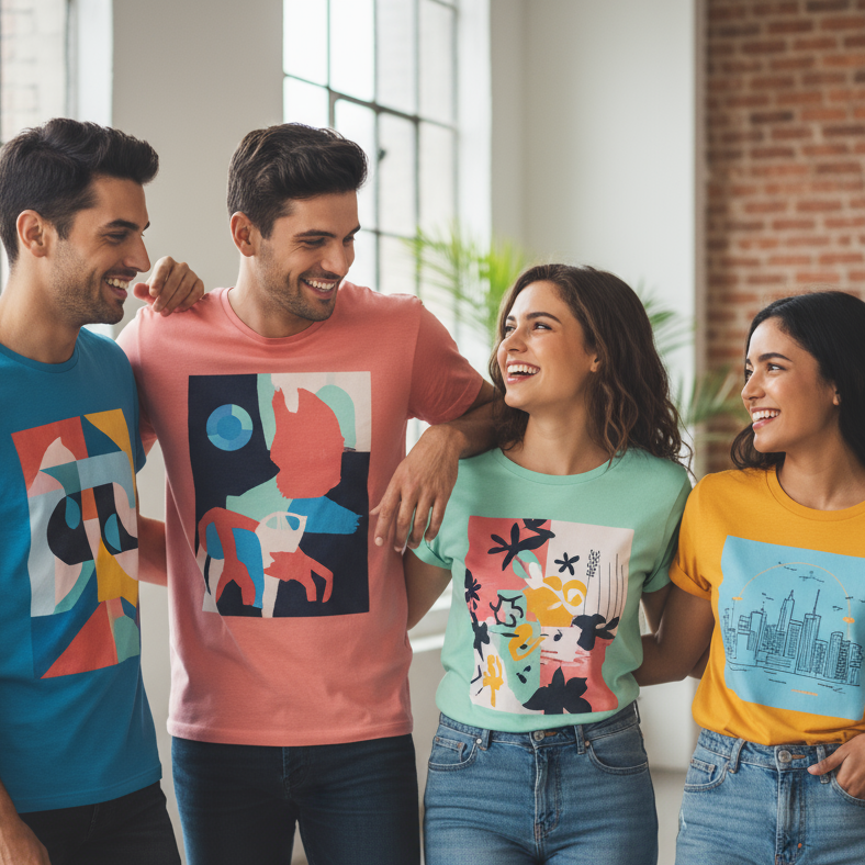 Four friends wearing colorful graphic t-shirts in a casual setting with text promoting a latest tee collection.